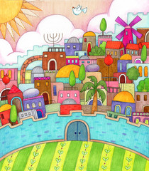 Fototapeta premium Surreal Jerusalem - Detailed, colorful illustration of surreal Jerusalem made with markers and colored pencils.