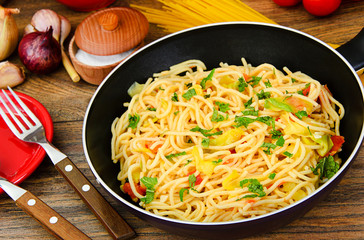 Spaghetti with Zucchini, Tomatoes, Parmesan Cheese, Garlic