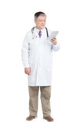 old asian man doctor in white with digital tablet