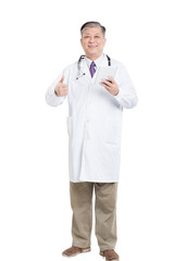 old asian man doctor in white with digital tablet