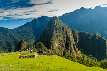Fototapeta na wymiar View of Machu Picchu ruins, Peru. Guarhouse in the middle.