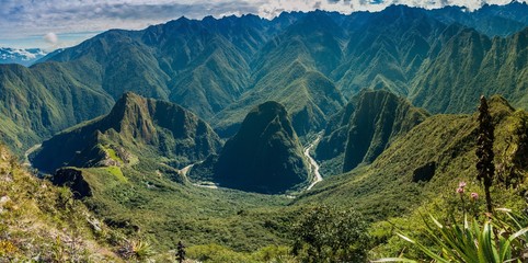 Aerial view of Machu Picchu ruins and Urubamba valley from Machu Picchu mountain, Peru