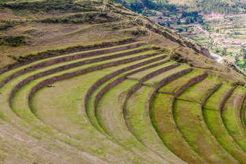 Inca agricultural terraces in Pisac, Sacred Valley, Peru