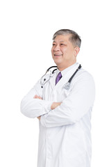 old asian man doctor in white stands smiling
