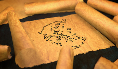 Greece Map Drawing Unfolding Old Paper Scroll 3D