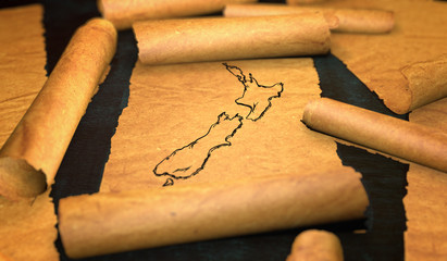 New Zealand Map Drawing Unfolding Old Paper Scroll 3D