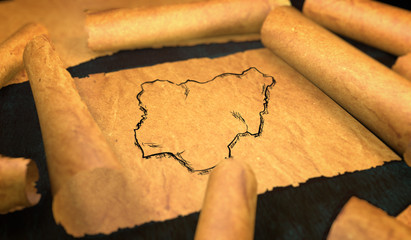 Nigeria Map Drawing Unfolding Old Paper Scroll 3D