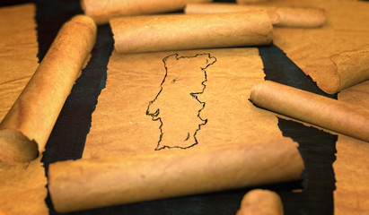 Portugal Map Drawing Unfolding Old Paper Scroll 3D