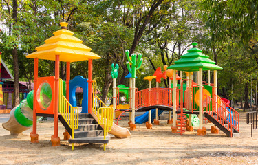 Kid playground for school student leisure and recreation activity with toy and slider leftover in the park in childhood color style