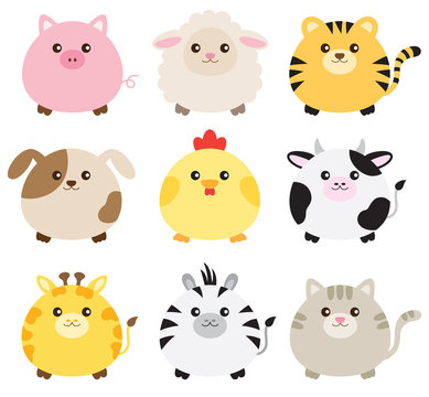 Vector illustration of fat animals including pig, sheep, tiger, dog, chicken, cow, giraffe, zebra and cat.