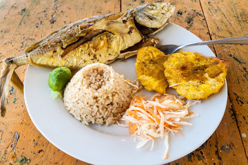 Cuisine of the Carribean coast of Colombia - fish, patacones and rice.