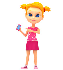Girl points a finger at the phone isolated on a white background