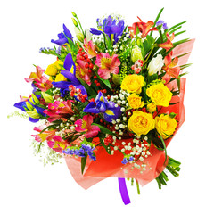 Bouquet of roses, iris, alstroemeria, nerine and other flowers.