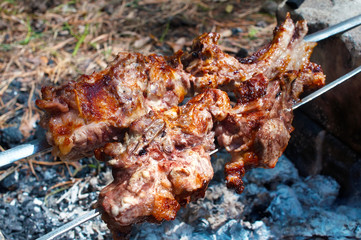 Pork ribs roasted on a fire.