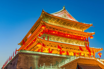 Fototapeta premium ancient tower at dusk in xian city wall ,China