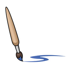 Illustration depicting a cartoon paintbrush painting a blue curved line.