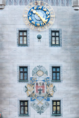 Fototapeta na wymiar West side of Medieval era clock tower of the old Munich Town Hall