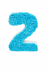 number two of the blue crepe paper. decorative arabic numeral two for parties, anniversaries and other events. isolated on white background