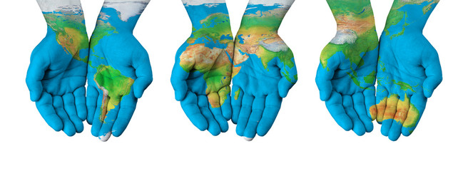 World map painted on hands isolated