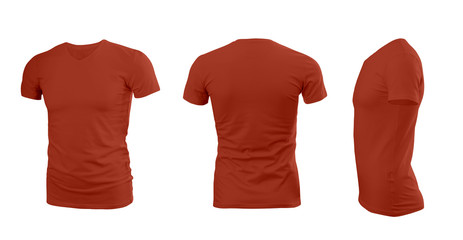 Red man's T-shirt with short sleeves with rear and side view on a white background
