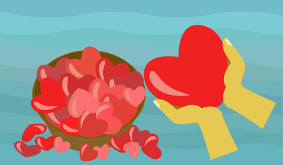Vector image depicting a heart selected from a basket full of them