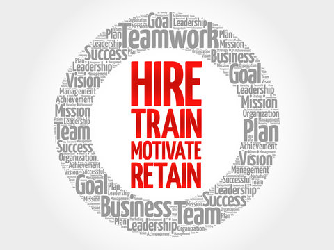 Hire, Train, Motivate and Retain circle stamp word cloud, business concept
