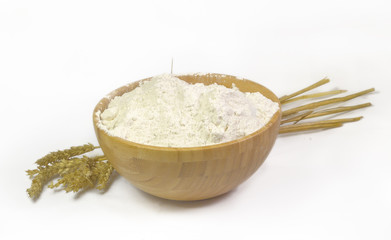 wheat flour, wooden isolated bowl
