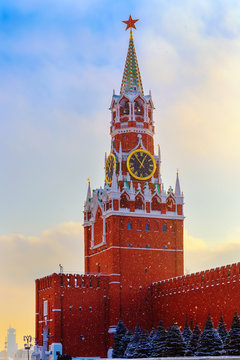Spasskaya Tower Kremlin Moscow winter sunset Red Square