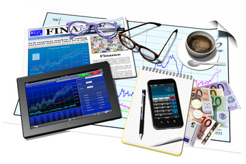 Finanza caffè_001
Tablet, Smartphone e vari elementi  che richiamano operazioni bancarie, trading, investimenti e finanza.Collocati in casa o in ufficio.
 - obrazy, fototapety, plakaty