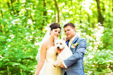 bride and groom with  dog west highland white terrier