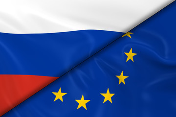 Flags of Russia and Europe Divided Diagonally - 3D Render of the
