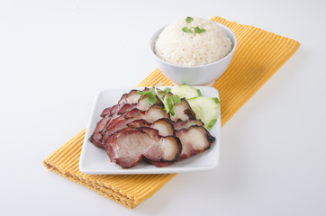 pork. BBQ Pork and Crispy Pork with Rice.