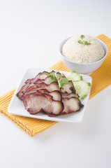 pork. BBQ Pork and Crispy Pork with Rice.
