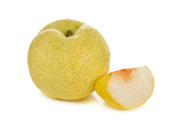 whole and cut pear on white background