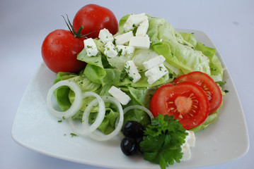 Salat auf eckigem Teller frisch mit Tomaten Oliven Feta Restaurant