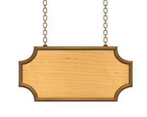 Wooden signboard hanging on metalic chains