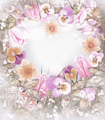 Tender flowers heart frame with place for text.