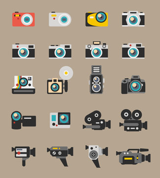 Photo and video camera flat icons. Digital photography technology, lens equipment, polaroid vector illustration
