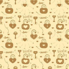 Seamless background. Locks and keys. Beige background. Vector.