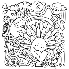 Coloring for adults. Many small items. The theme of love. Vector graphics. Black outline on white background.