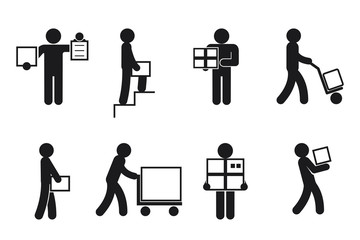 Delivery man poses. Courier worker, merchandise and package, receive and send. Delivery man pictogram, delivery vector icons