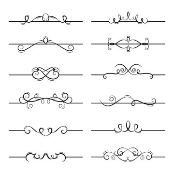 Retro dividers, borders, curls and swirls set in hand drawn style. Decoration vintage dividers drawing.  Hand drawn dividers or vector page dividers