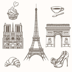 Hand drawn Paris symbols. French tourism and tower eiffel, notre dame and croissant icons. Hand drawn Paris signs vector illustration