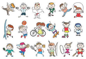 Kids sport activity. Basketball and tennis, soccer and baseball, jump athletic lifestyle. Doodle children sport activity vector illustration