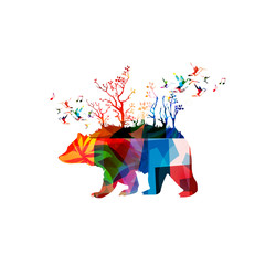 Obraz premium Colorful bear design with hummingbirds