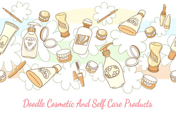Doodle cosmetic and self care products hand drawn background. Lotion and shampoo, tube and powder horizontal seamless pattern. Hand drawn cosmetic and self care products vector background