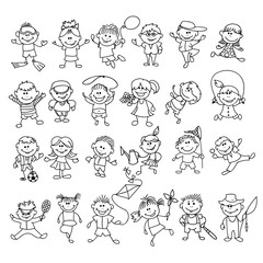 Doodle children on vacation. Boy and girl cartoon sketch , ball and fishing, diving and healthy sport sketch. Doodle children vector illustration