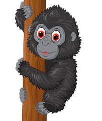 Naklejka premium Cute baby gorilla climbing tree