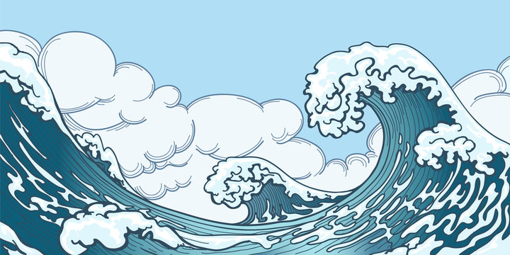 Ocean big wave in Japanese style. Water splash, storm space, weather nature. Hand drawn big wave vector illustration