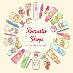 Beauty shop cosmetic label doodle vector frame. Lipstick and shampoo, powder and mascara, lotion bottle and cream icons. Hand drawn cosmetics for beauty shop poster